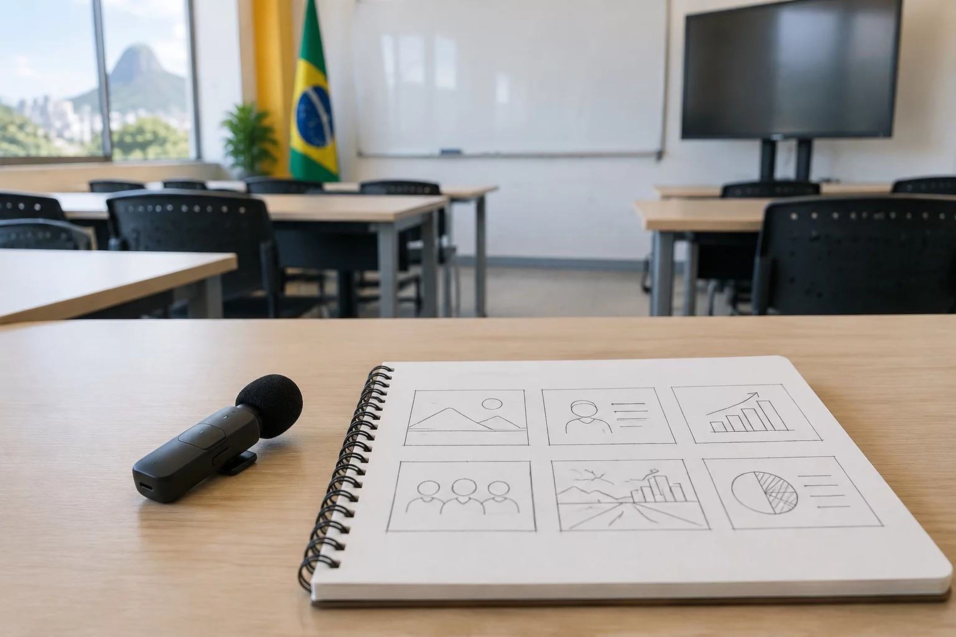 Roteiro aberto ao lado de material de apresentação